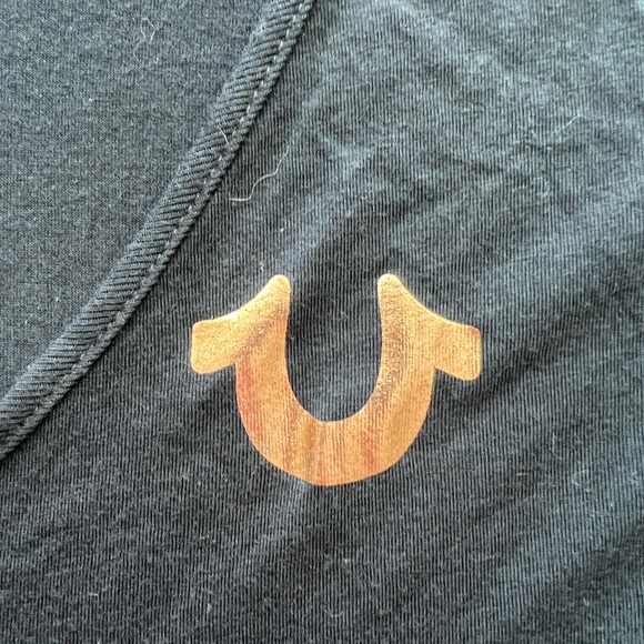 True Religion black foil horseshoe rose gold C short sleeve top cage stretch XL - Picture 6 of 8